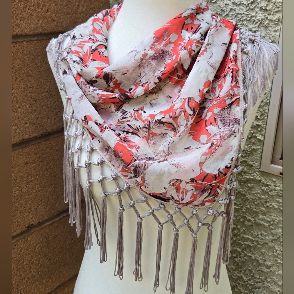 Floral Coral & Cream Fringe Triangle Scarf